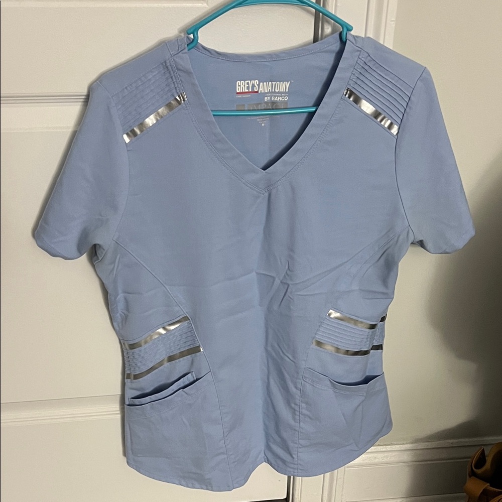 Grey's Anatomy Light Blue V-Neck Scrub Top with Silver Trim